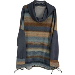 One World Women's Cowl-Neck Top Stripe Blue Silver Sparkle Long Sleeve Size 2X